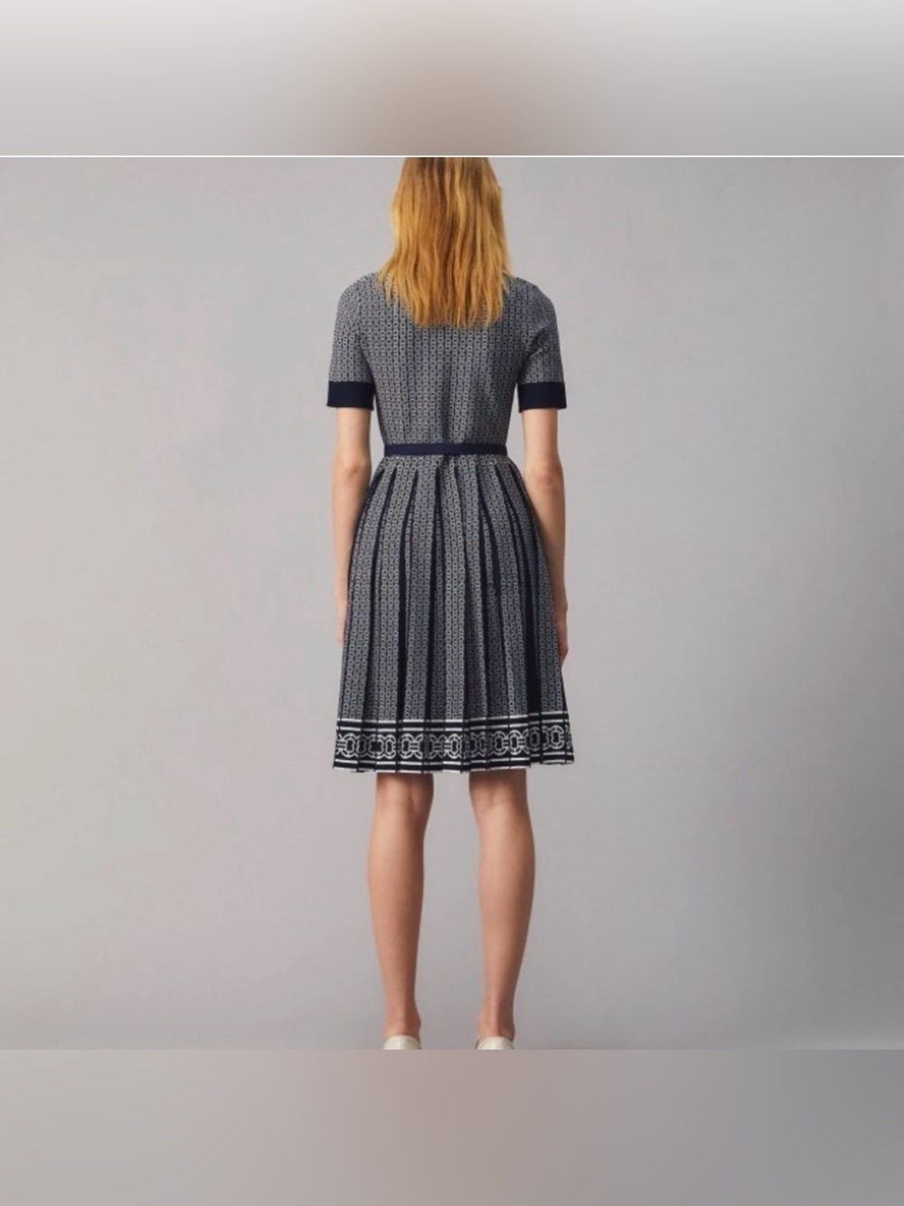 Tory Burch Tory Navy & Classic Ivory White Gemini Link Jacquard Pleated Dress - Picture 2 of 8
